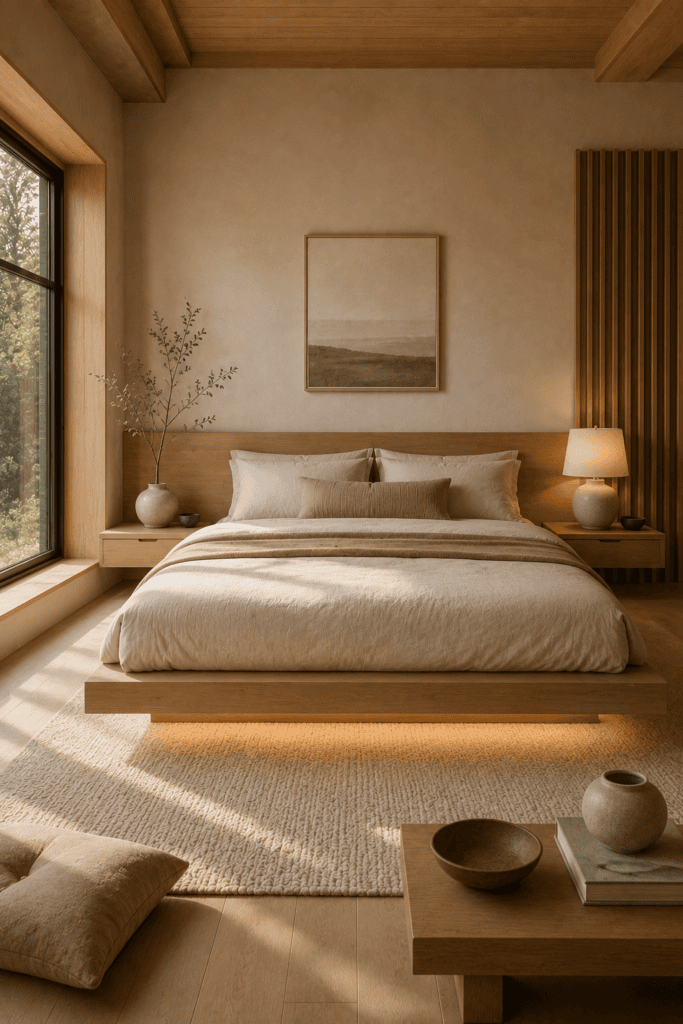 Japandi bedroom featuring a floating oak platform bed and calming natural materials.