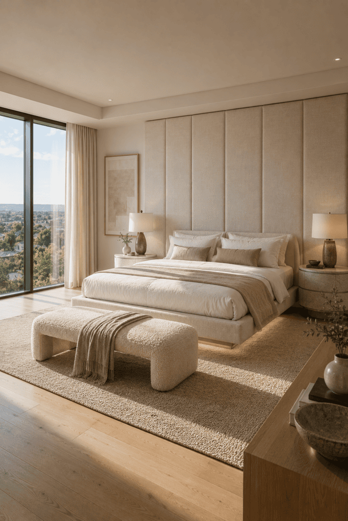 Luxury floating bed with a tall upholstered headboard and elegant neutral bedroom decor.