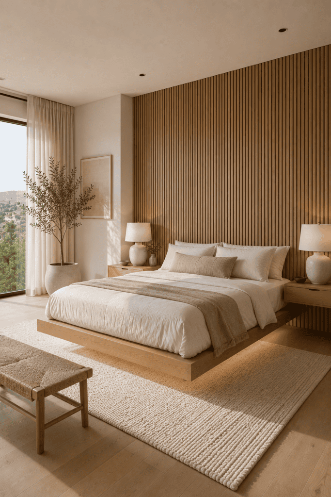 Modern floating bed with a floor-to-ceiling oak slat accent wall and neutral bedroom decor.