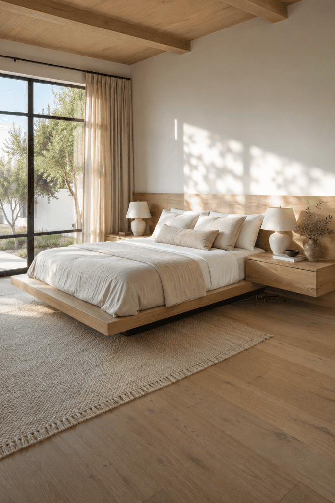 Floating platform bed with built-in oak nightstands in a modern minimalist bedroom.