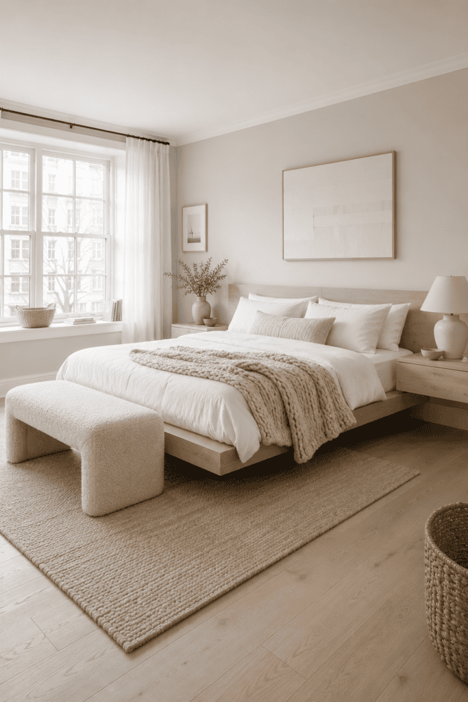 Scandinavian floating platform bed in a bright apartment bedroom with light oak furniture.
