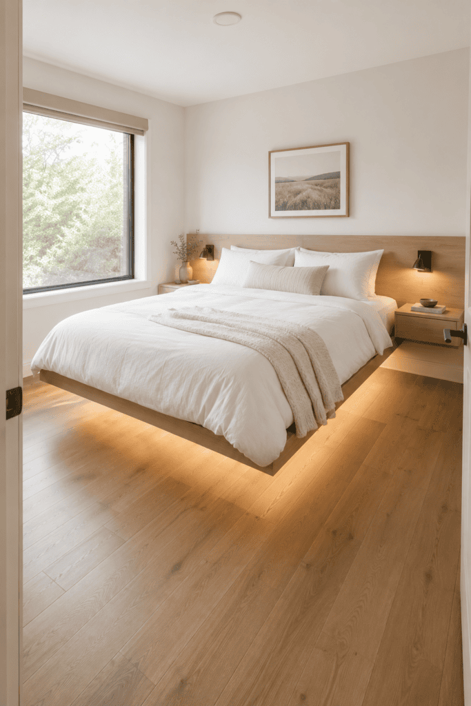Small apartment bedroom featuring a floating platform bed that creates an open spacious feel.