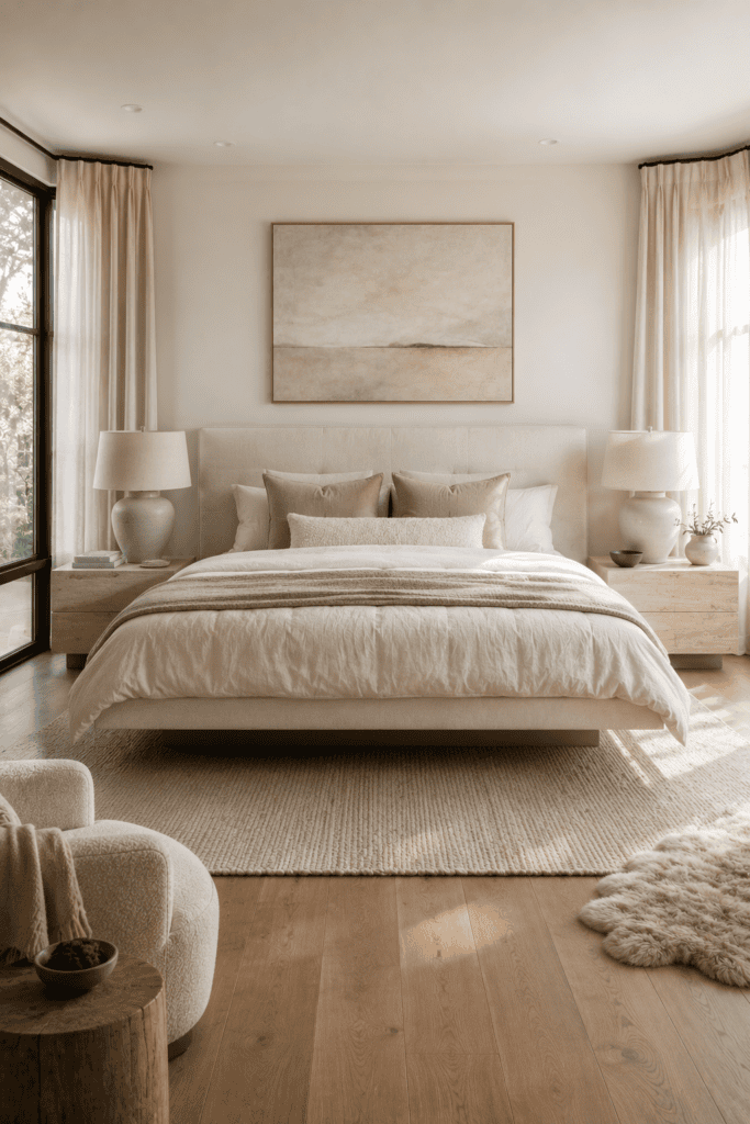 Floating bed with a tall upholstered headboard and elegant neutral bedroom styling.