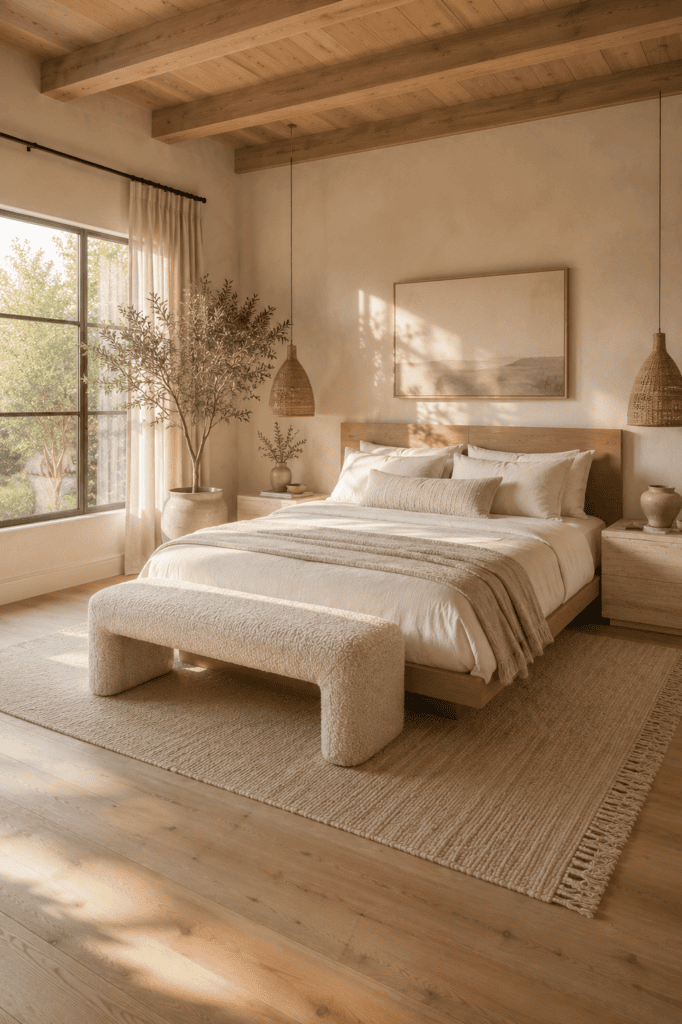 Organic modern bedroom with a floating oak bed, travertine furniture, and warm neutral decor.