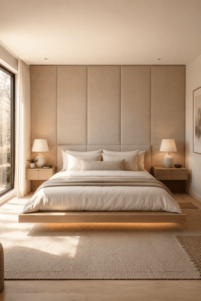 Floating bed with a floor-to-ceiling upholstered feature wall in a luxury bedroom.