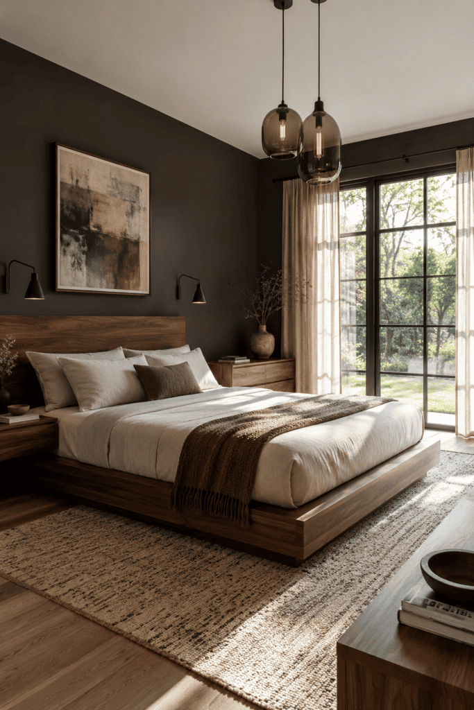 Dark contemporary bedroom with a floating walnut platform bed and warm neutral bedding.