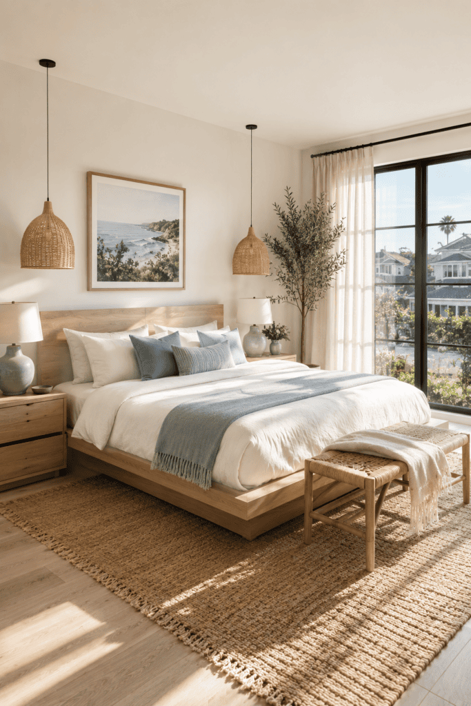 Coastal bedroom with a floating oak bed and airy neutral beach-inspired decor.