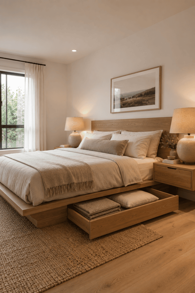 Floating platform bed with hidden under-bed storage in a modern bedroom.