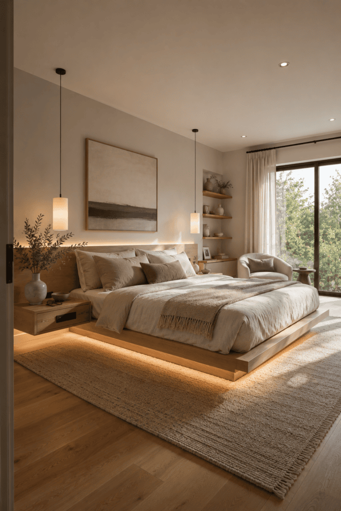 Modern floating bed with integrated warm lighting and hidden smart bedroom features.