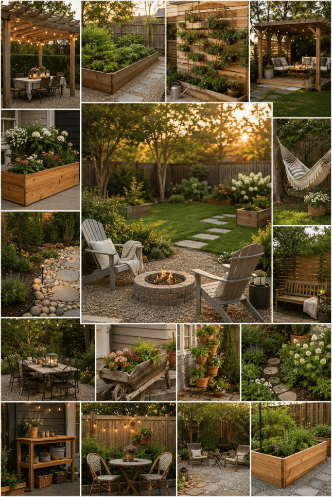 Collage featuring affordable DIY backyard projects including gravel patios, raised garden beds, pergolas, and cozy seating areas.