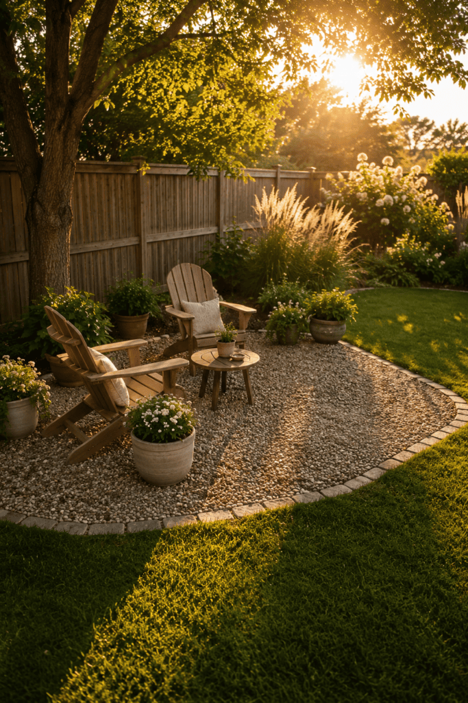 Budget-friendly DIY gravel patio with Adirondack chairs and simple landscaping.
