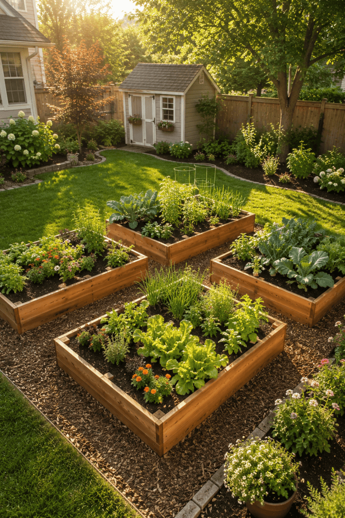DIY raised garden beds with vegetables, flowers, and fresh mulch pathways.
