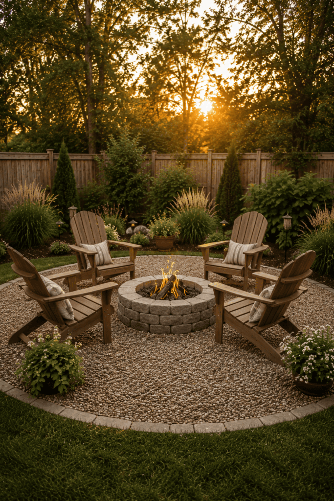 Affordable DIY backyard fire pit surrounded by Adirondack chairs and gravel.