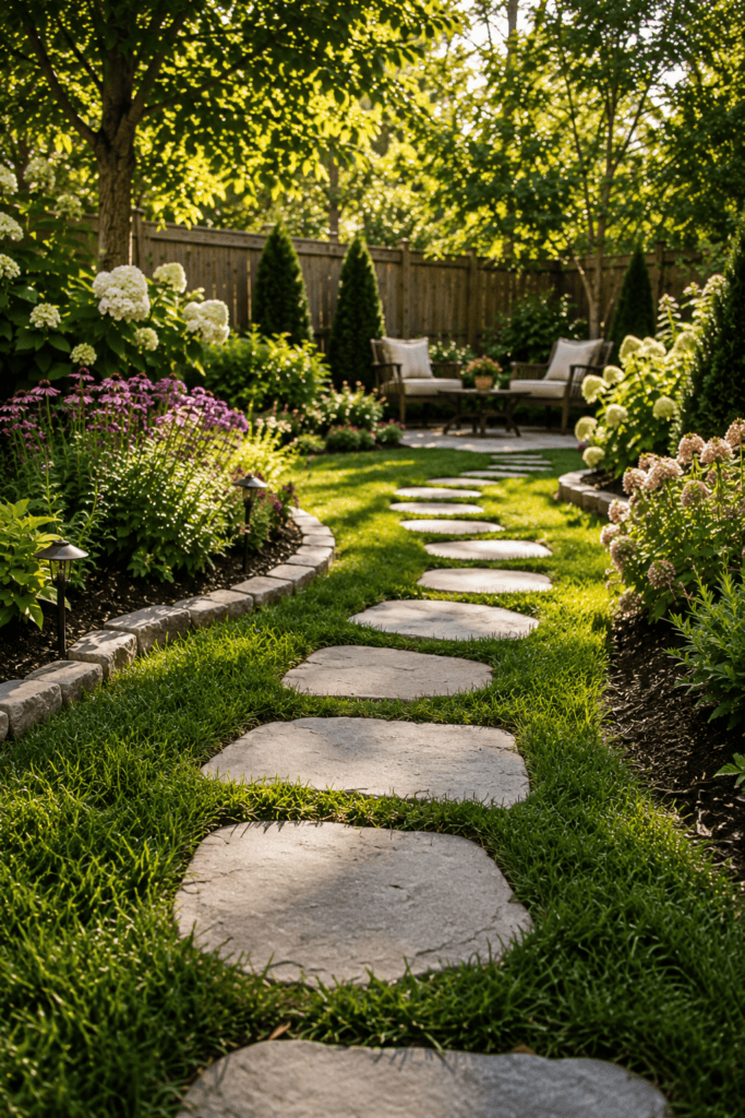 Curved stepping stone garden path leading through a beautifully landscaped backyard.