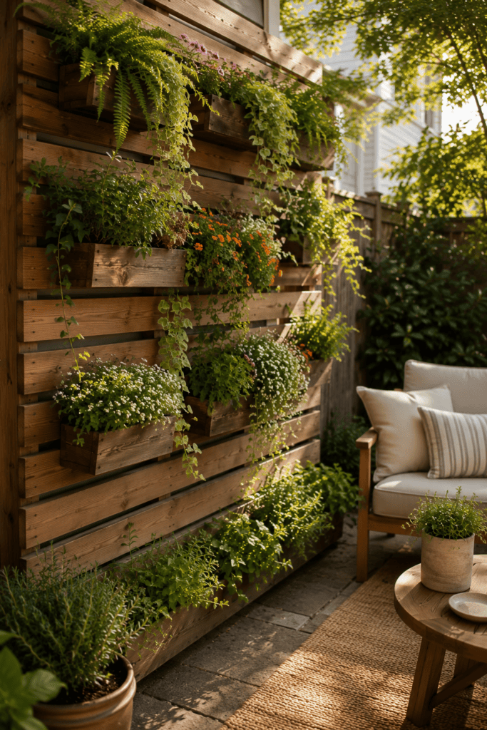 DIY vertical garden wall with flowers, herbs, and lush greenery for small backyards.