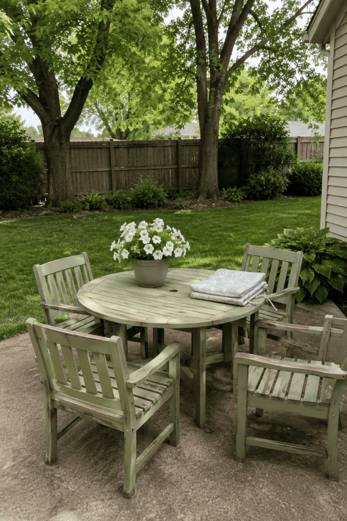 Simple painted patio furniture in a modest suburban backyard.