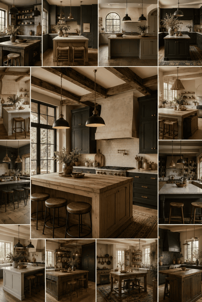 Collage featuring moody farmhouse kitchen ideas with charcoal cabinets, reclaimed wood, brass accents, and rustic modern interiors.