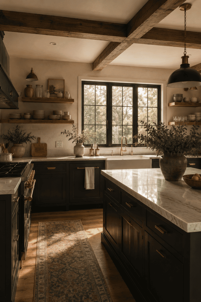 Moody farmhouse kitchen with charcoal shaker cabinets and warm oak accents.