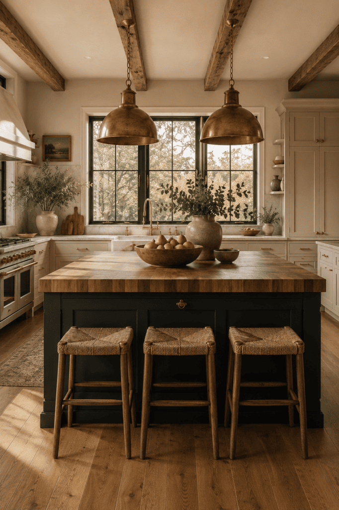 Farmhouse kitchen with a matte black island and butcher block countertop.