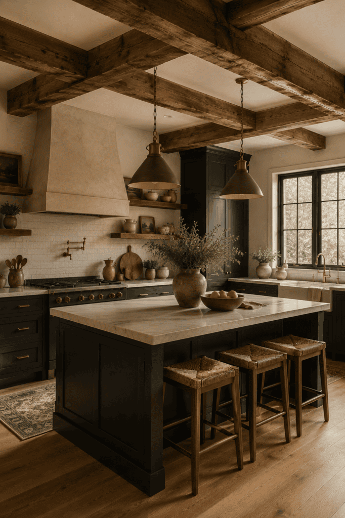 Farmhouse kitchen with reclaimed wood ceiling beams and dark cabinets.