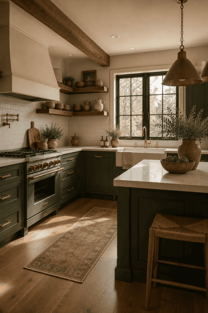 Forest green farmhouse kitchen with brass hardware and natural wood shelves.