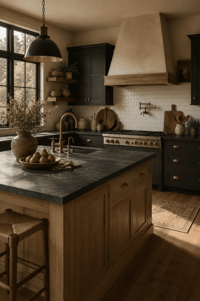 Moody farmhouse kitchen with soapstone countertops and charcoal cabinets.