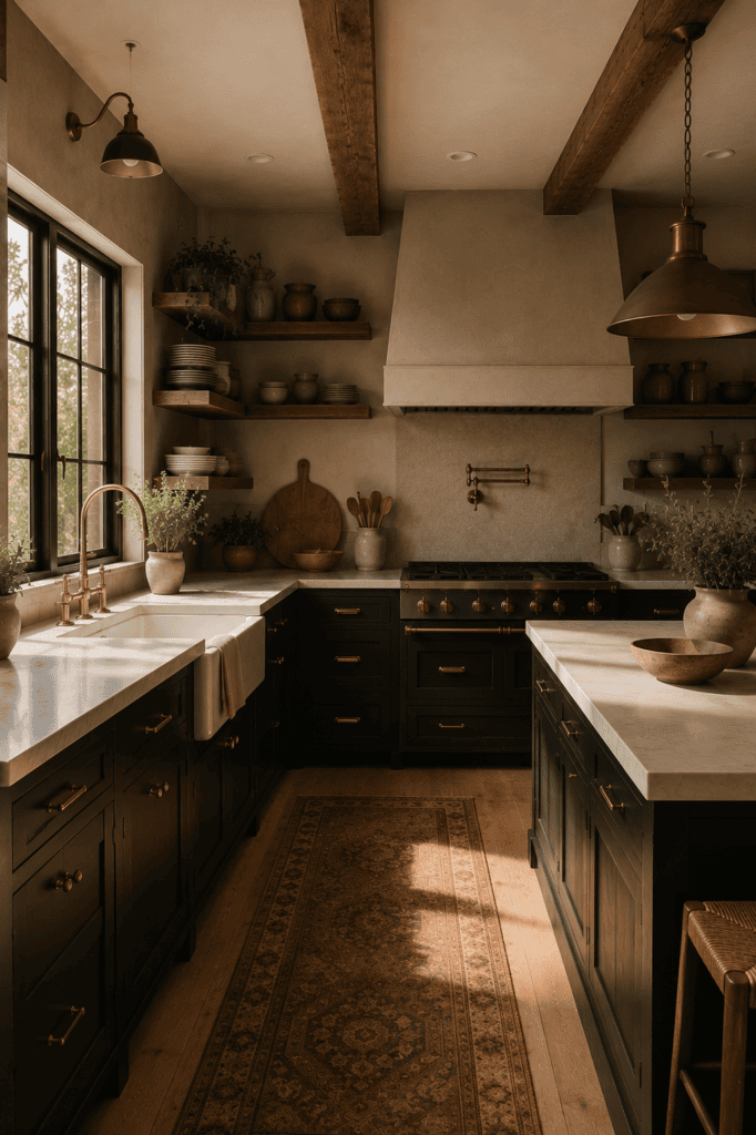 Moody farmhouse kitchen featuring antique brass hardware with black shaker cabinets.