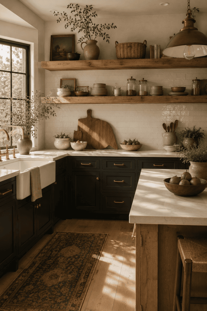 Farmhouse kitchen with reclaimed oak open shelving and charcoal cabinetry.