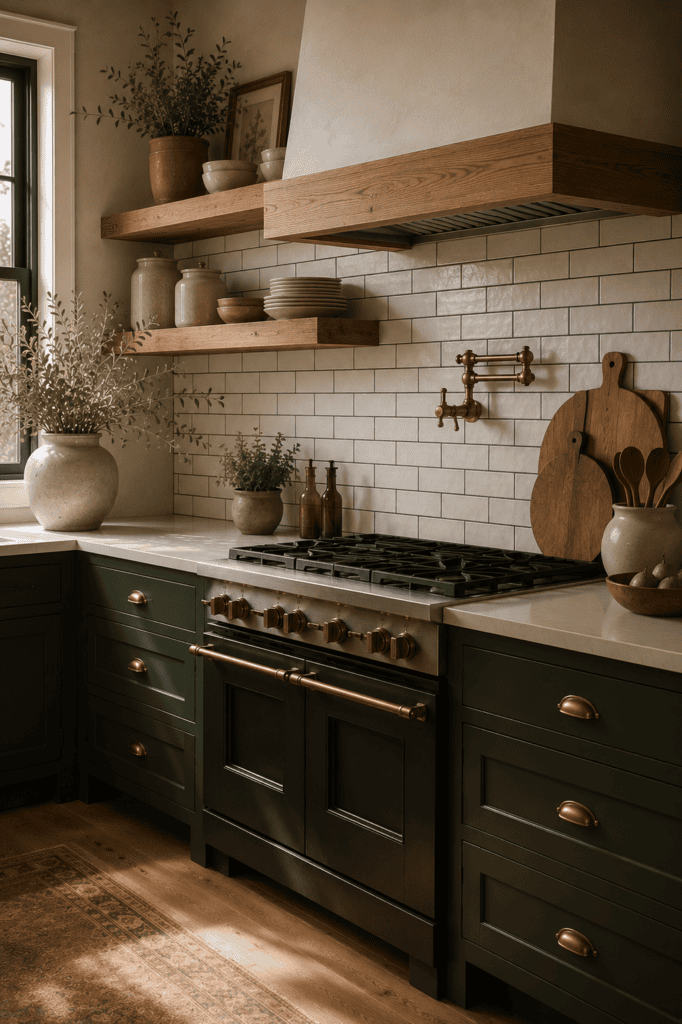 Farmhouse kitchen with handmade white subway tile and charcoal grout.