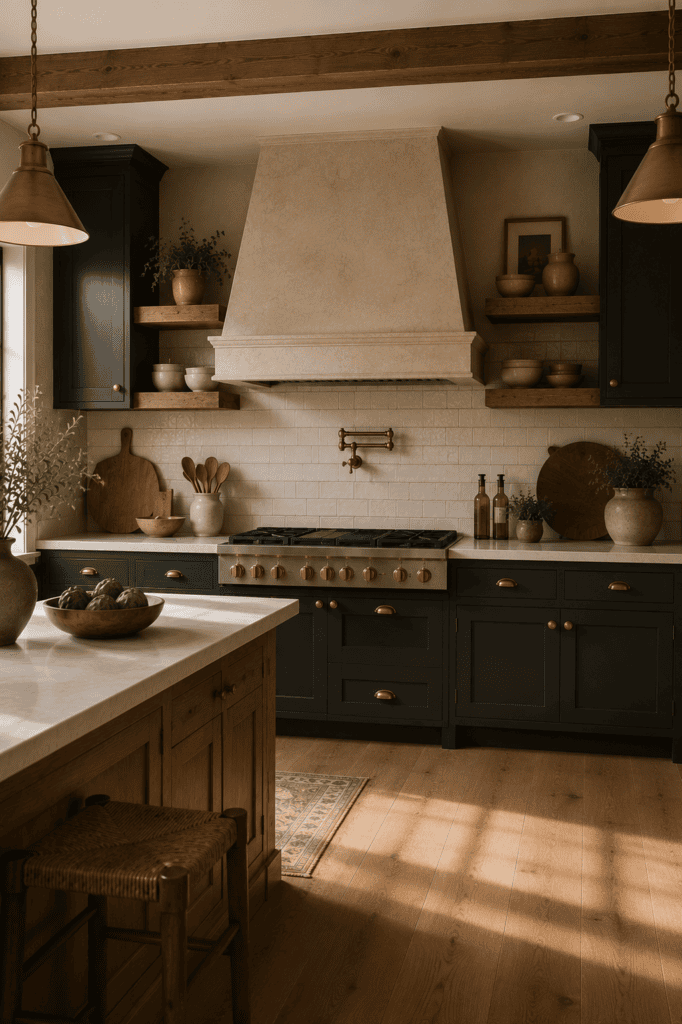 Moody farmhouse kitchen with a handcrafted limestone range hood.