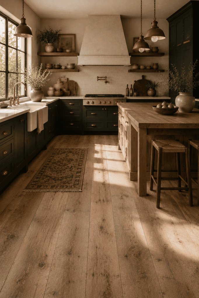 Farmhouse kitchen with reclaimed oak flooring and charcoal cabinets.