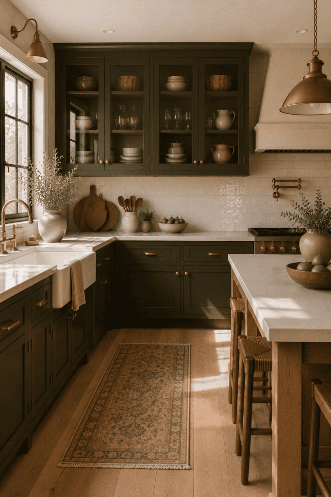 Farmhouse kitchen with glass-front cabinets displaying neutral stoneware.