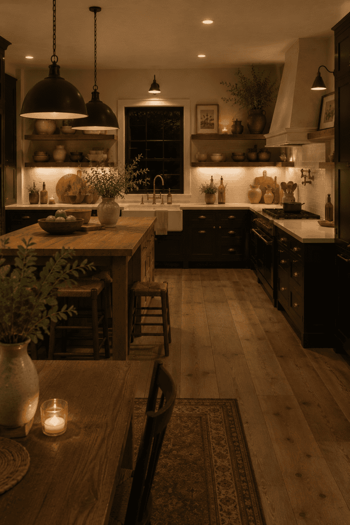 Moody farmhouse kitchen with layered pendant lights and warm ambient lighting.