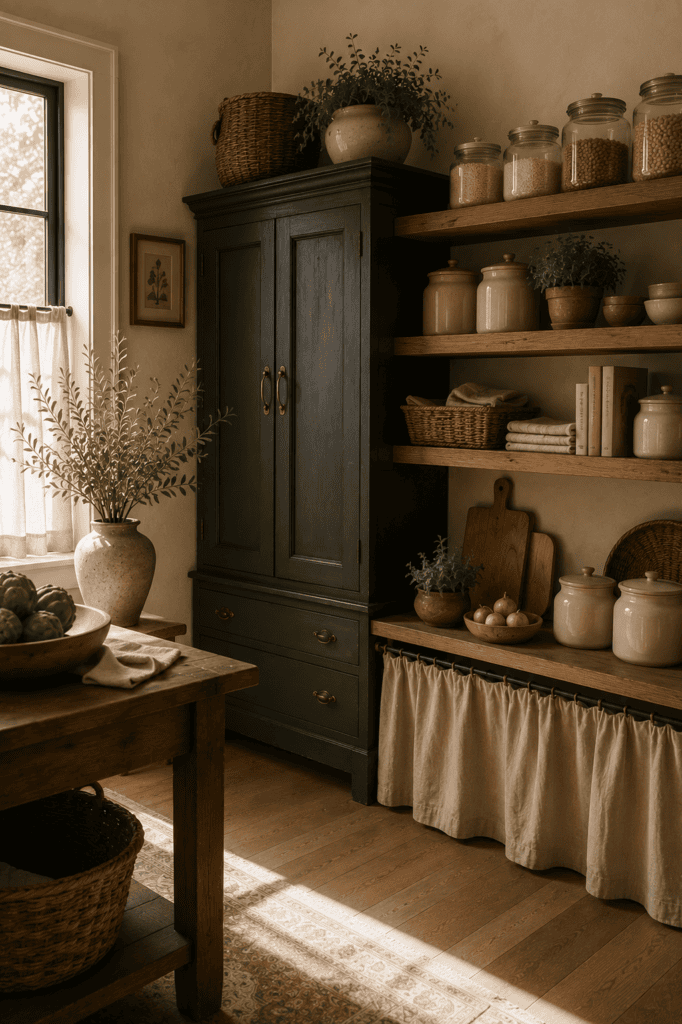 Vintage farmhouse pantry corner with glass jars and woven baskets.