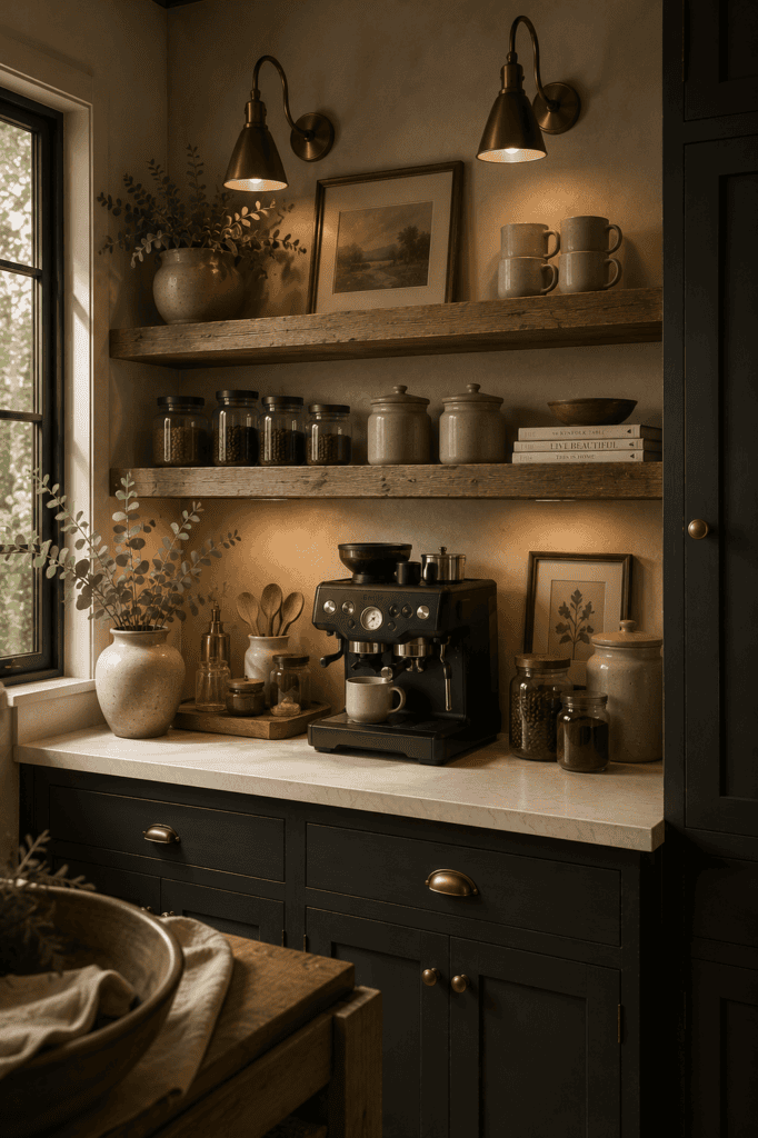 Moody farmhouse coffee station with oak shelves and matte black espresso machine.