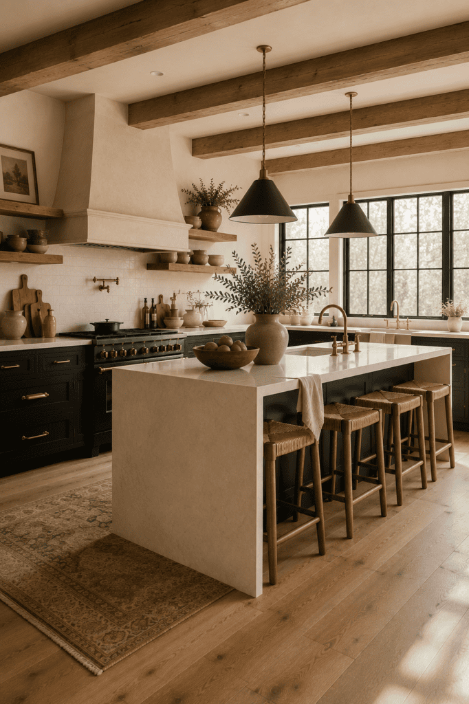 Modern moody farmhouse kitchen with black shaker cabinets, oak beams, and a limestone range hood.