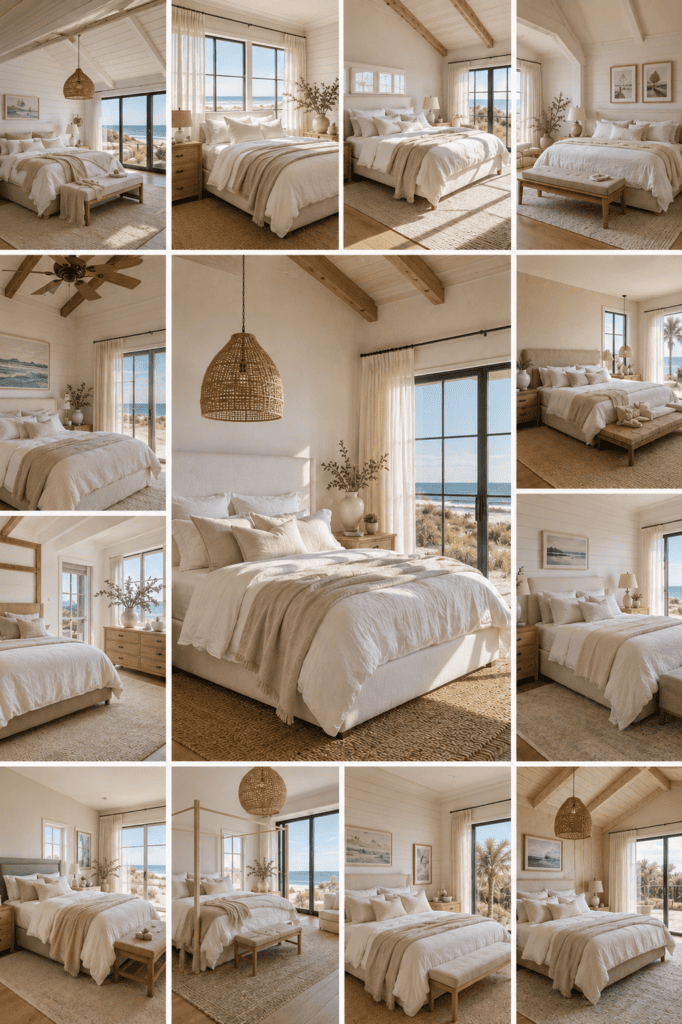 Collage featuring modern coastal bedroom ideas with light oak furniture, linen bedding, woven textures, and airy beach-inspired interiors.