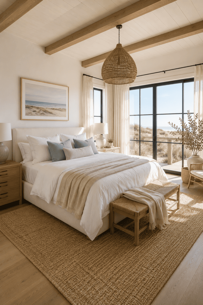 Soft blue and white coastal bedroom with linen bedding and light oak furniture.