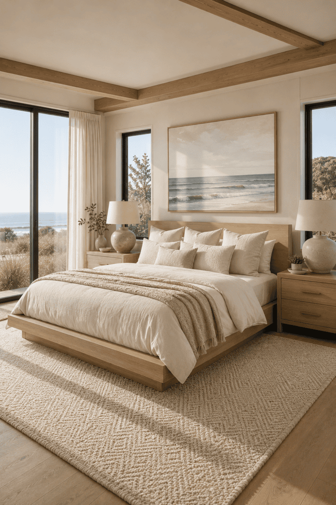 Modern coastal bedroom with white oak furniture and bright natural sunlight.
