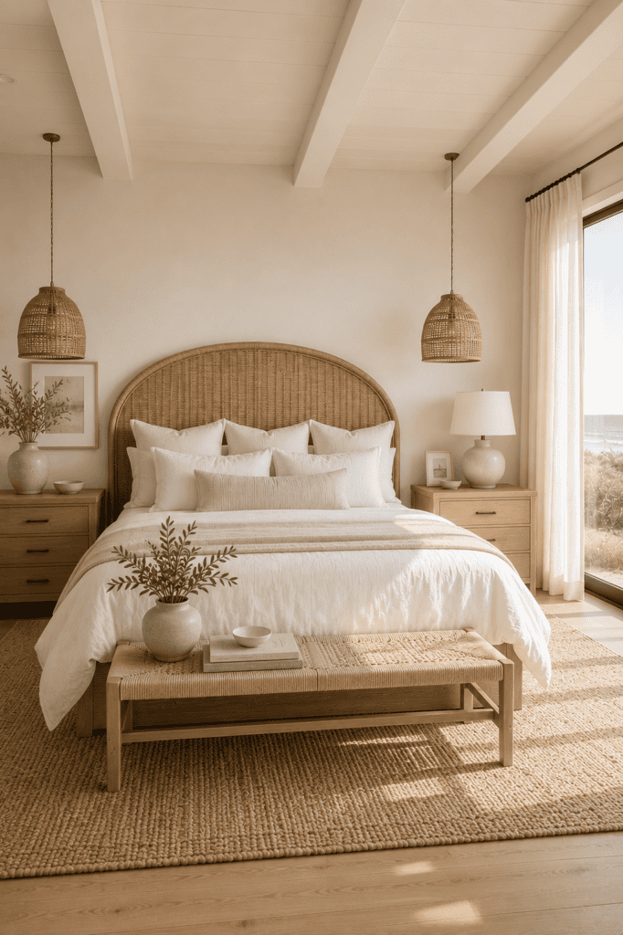 Coastal bedroom featuring a woven rattan headboard and natural textures.