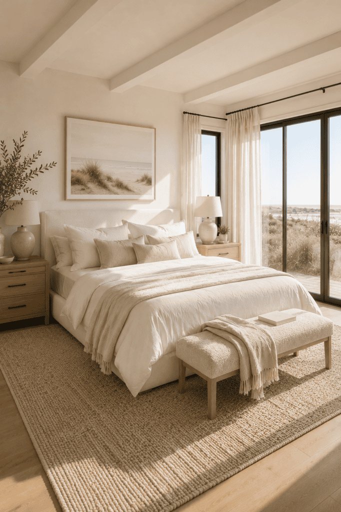 Neutral coastal bedroom with layered linen bedding and warm natural textures.