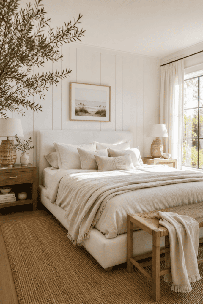 Coastal bedroom with white shiplap walls and layered neutral bedding.