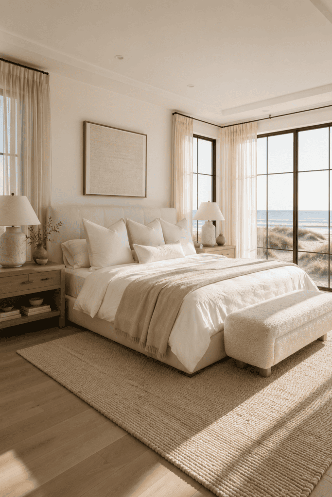 Luxury coastal bedroom with linen bedding, oak furniture, and panoramic ocean views.