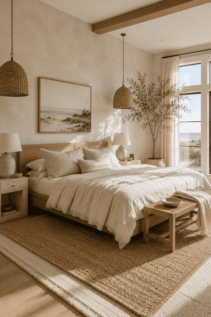 Organic coastal bedroom with natural oak furniture and layered neutral textures.