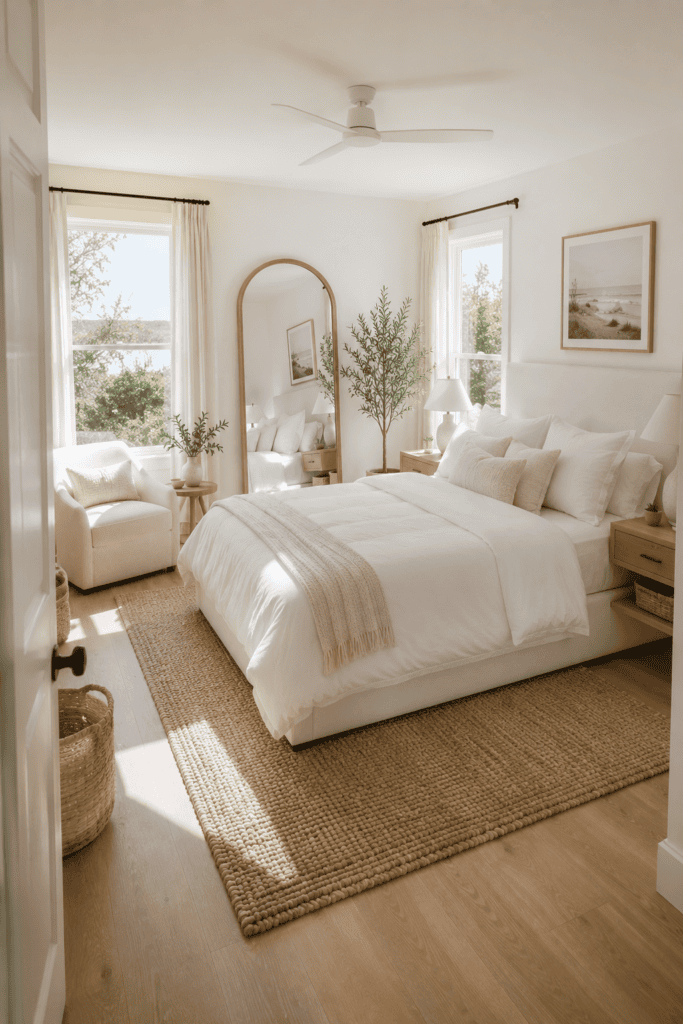 Small coastal bedroom with floating nightstands and bright natural light.