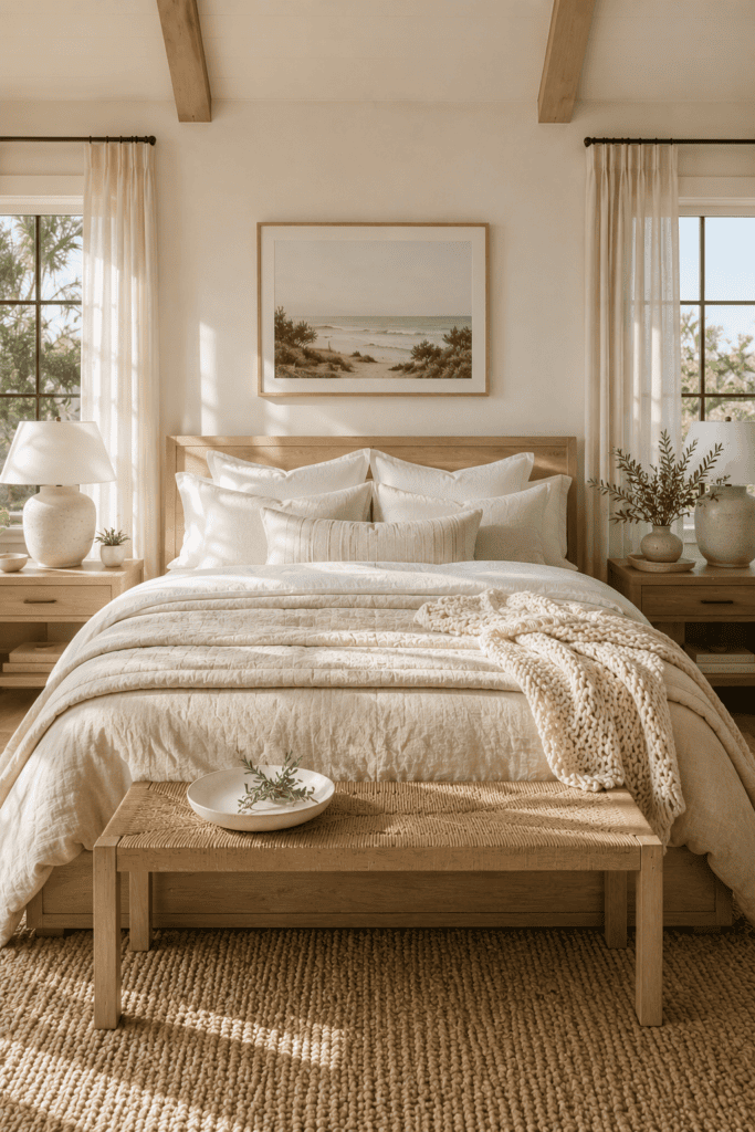 Coastal bedroom featuring layered linen bedding in warm neutral tones.