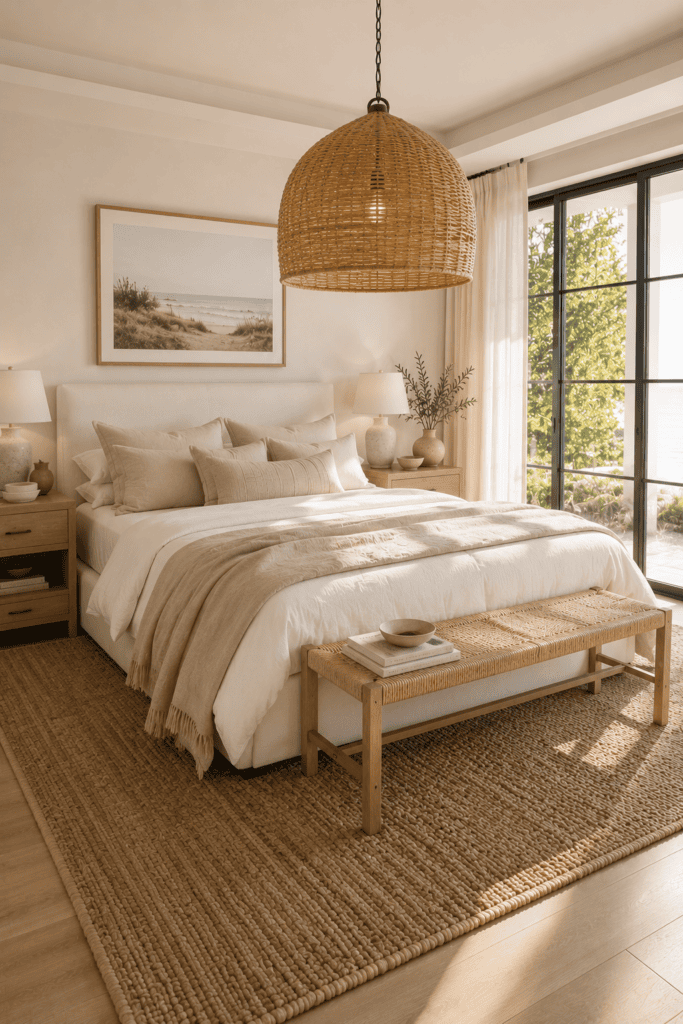 Coastal bedroom with an oversized woven pendant light and neutral decor.