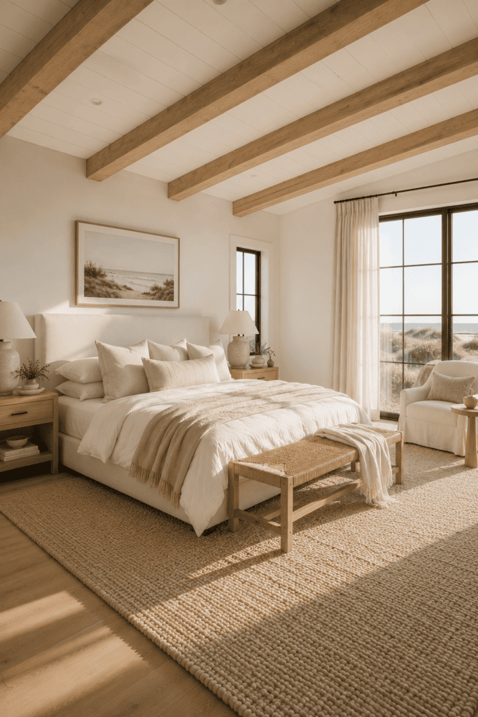 Coastal bedroom with exposed white oak ceiling beams and soft neutral decor.