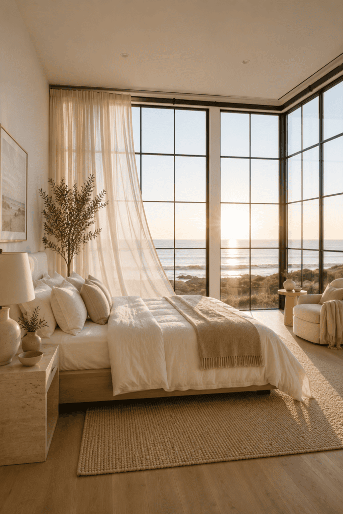Bright coastal bedroom with floor-to-ceiling windows overlooking the ocean.