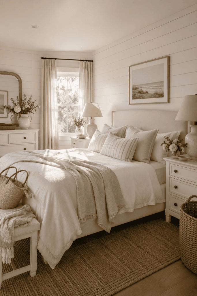 Coastal cottage bedroom with white shiplap walls and vintage-inspired decor.